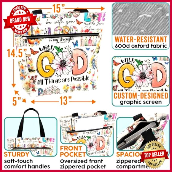 Large Waterproof Tote Bag with Zipper Pockets for Work Laptop - Picture 4 of 6